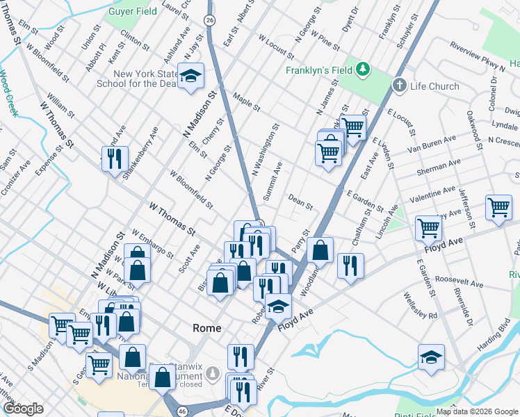 map of restaurants, bars, coffee shops, grocery stores, and more near 127 Turin Street in Rome