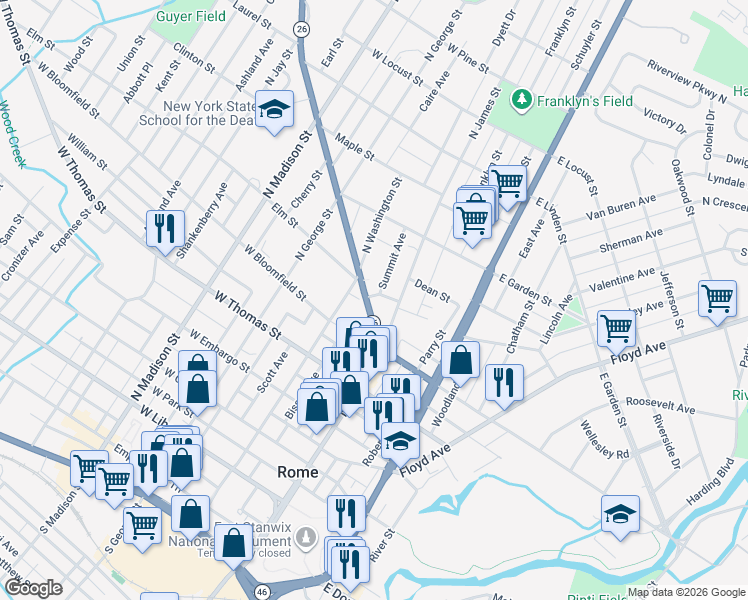 map of restaurants, bars, coffee shops, grocery stores, and more near 126 Turin Street in Rome