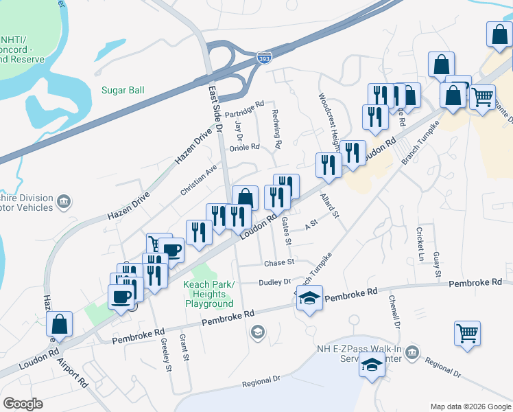 map of restaurants, bars, coffee shops, grocery stores, and more near 12 East Side Drive in Concord