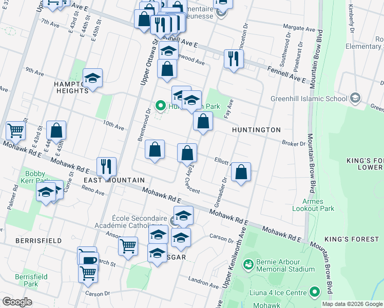 map of restaurants, bars, coffee shops, grocery stores, and more near 60 Toby Crescent in Hamilton