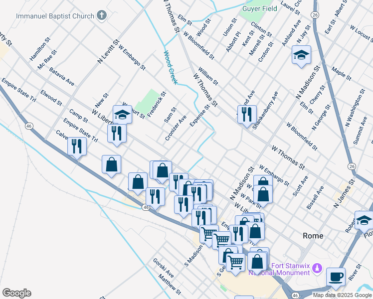 map of restaurants, bars, coffee shops, grocery stores, and more near 221 Kossuth Street in Rome