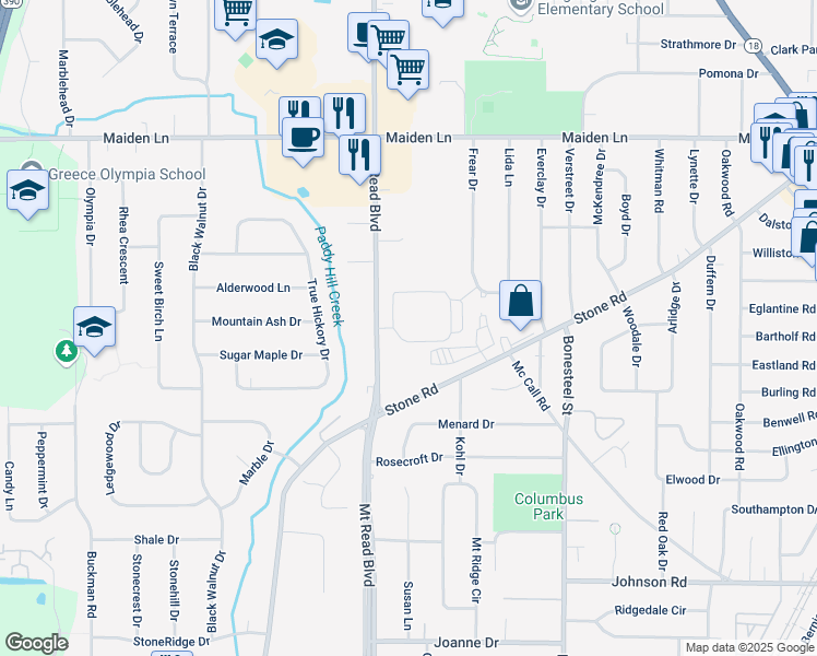 map of restaurants, bars, coffee shops, grocery stores, and more near 3330 Mount Read Boulevard in Rochester