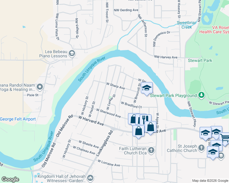 map of restaurants, bars, coffee shops, grocery stores, and more near 250 West Center Street in Roseburg