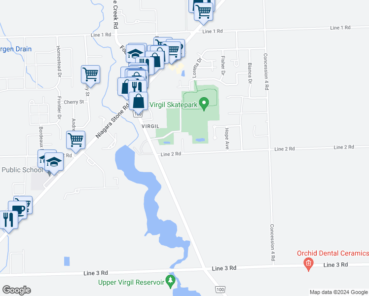 map of restaurants, bars, coffee shops, grocery stores, and more near 678 Line 2 Road in Niagara-on-the-Lake