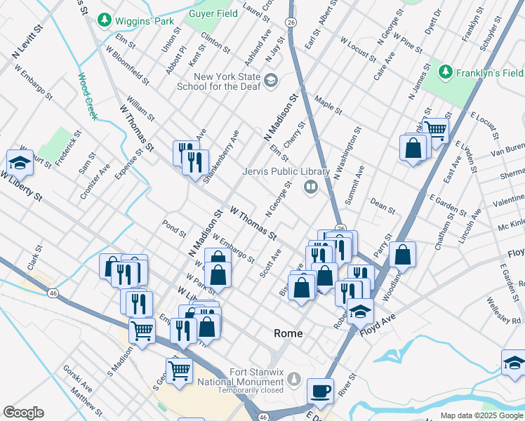 map of restaurants, bars, coffee shops, grocery stores, and more near 507 North George Street in Rome