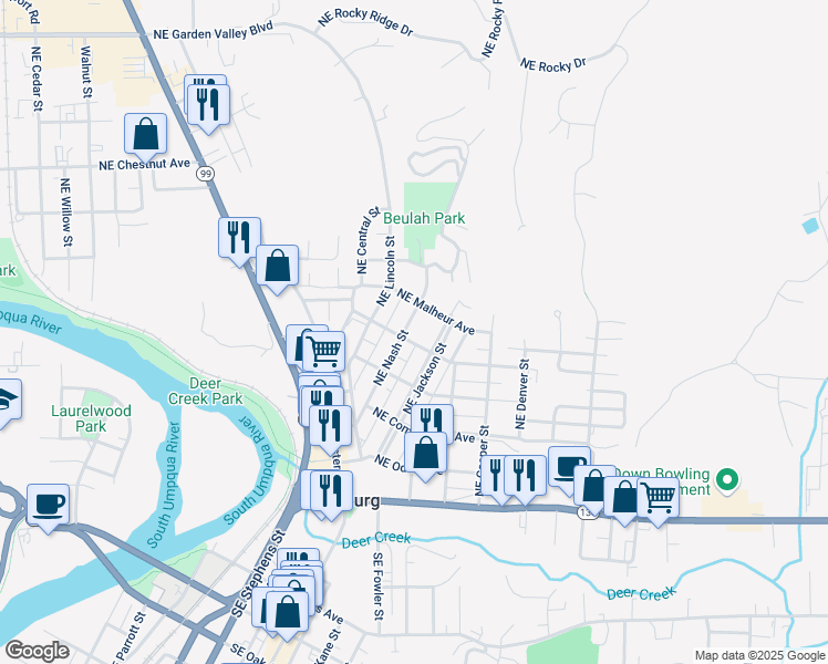 map of restaurants, bars, coffee shops, grocery stores, and more near 673 Northeast Nash Street in Roseburg