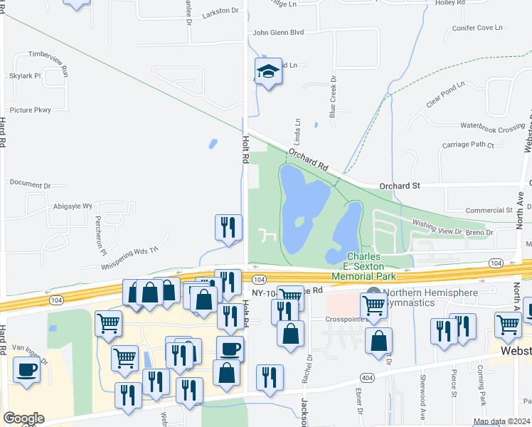 map of restaurants, bars, coffee shops, grocery stores, and more near 840 Holt Road in Webster