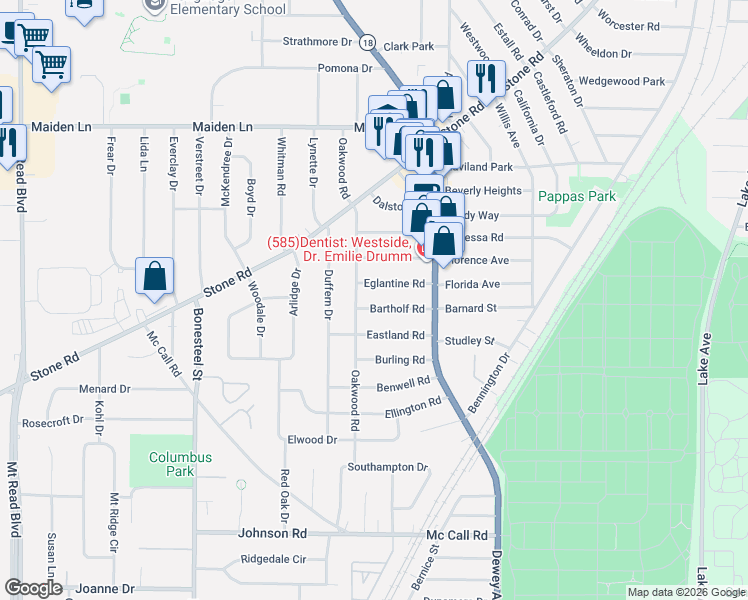 map of restaurants, bars, coffee shops, grocery stores, and more near 111 Bartholf Road in Rochester