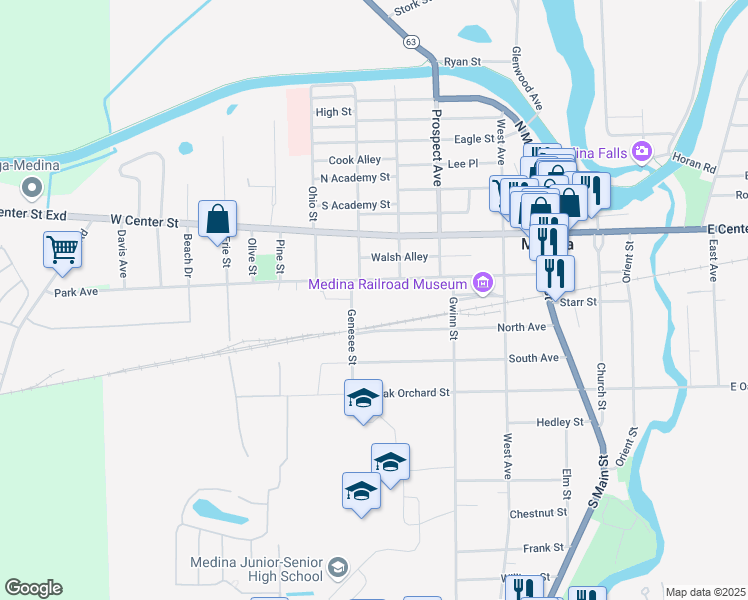 map of restaurants, bars, coffee shops, grocery stores, and more near 617 Genesee Street in Medina