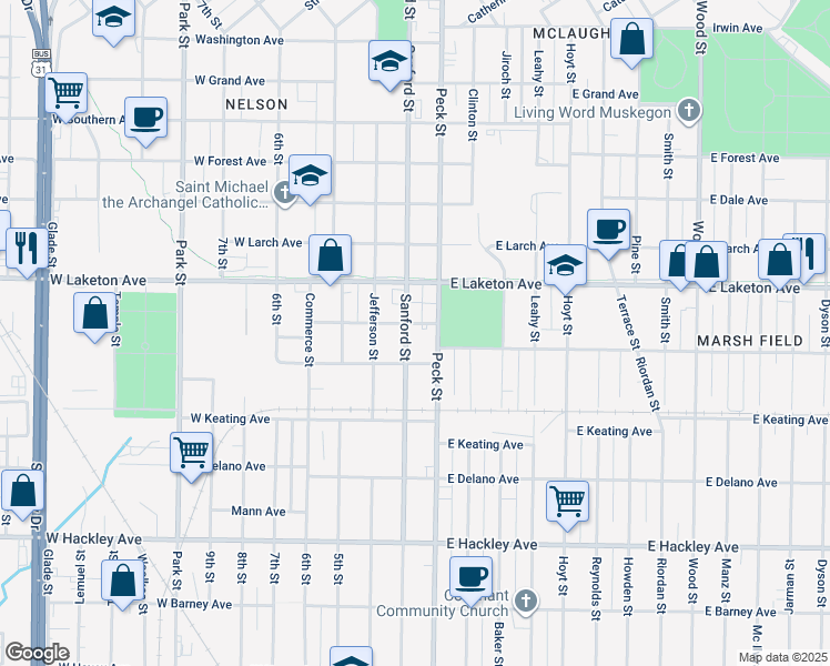 map of restaurants, bars, coffee shops, grocery stores, and more near 1895 Sanford Street in Muskegon
