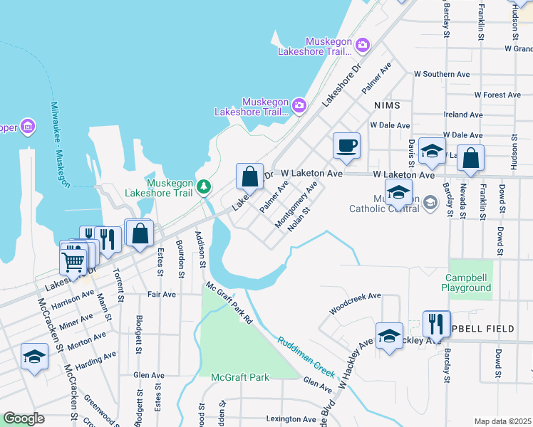 map of restaurants, bars, coffee shops, grocery stores, and more near 1921 Vanderlinde Street in Muskegon