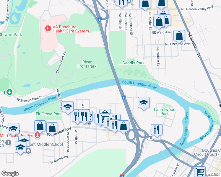 map of restaurants, bars, coffee shops, grocery stores, and more near 327 West Umpqua Street in Roseburg
