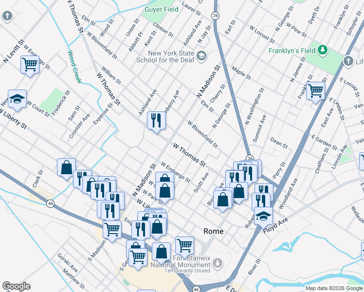 map of restaurants, bars, coffee shops, grocery stores, and more near 317 West Thomas Street in Rome