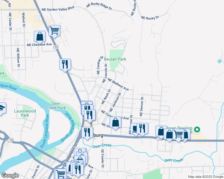 map of restaurants, bars, coffee shops, grocery stores, and more near 673 Northeast Nash Street in Roseburg