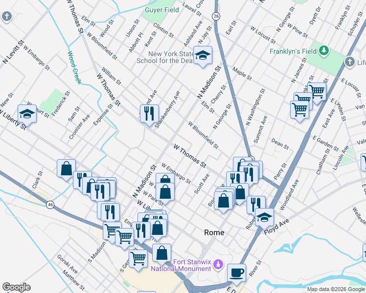map of restaurants, bars, coffee shops, grocery stores, and more near 317 West Thomas Street in Rome