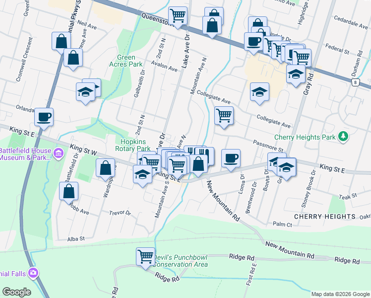 map of restaurants, bars, coffee shops, grocery stores, and more near 20 Mountain Avenue North in Hamilton