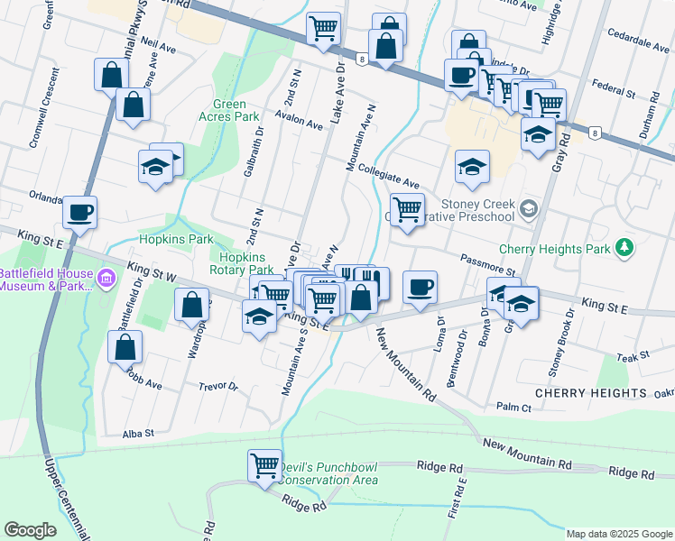 map of restaurants, bars, coffee shops, grocery stores, and more near 20 Mountain Avenue North in Hamilton