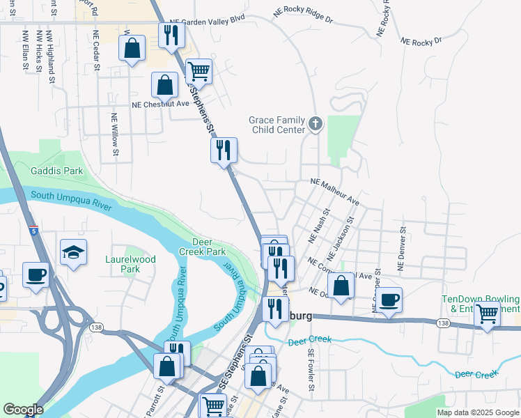 map of restaurants, bars, coffee shops, grocery stores, and more near 844 Northeast Shambrook Avenue in Roseburg