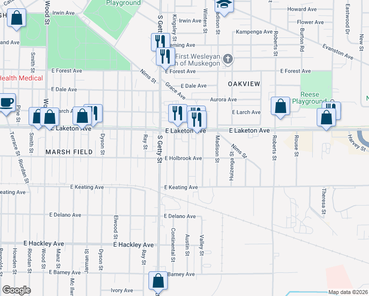 map of restaurants, bars, coffee shops, grocery stores, and more near 1876 Continental Street in Muskegon