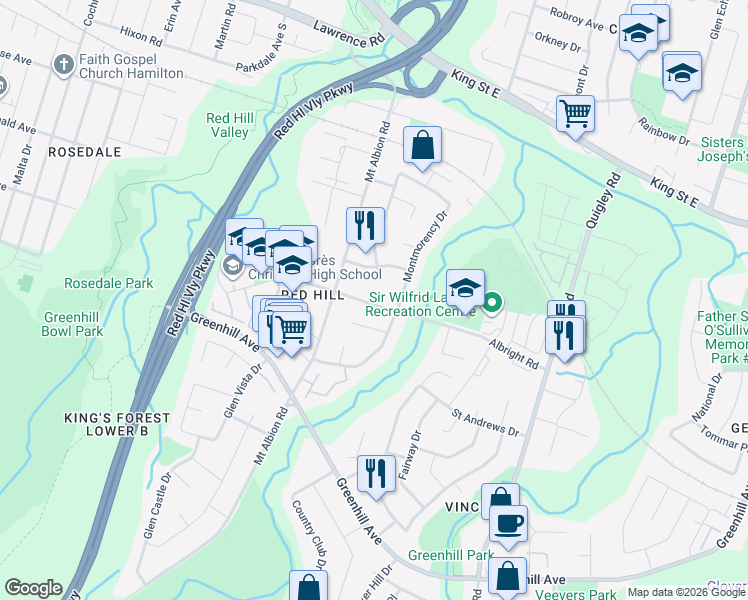 map of restaurants, bars, coffee shops, grocery stores, and more near 264 Albright Road in Hamilton