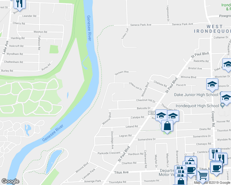 map of restaurants, bars, coffee shops, grocery stores, and more near 165 Carriage Lane in Rochester