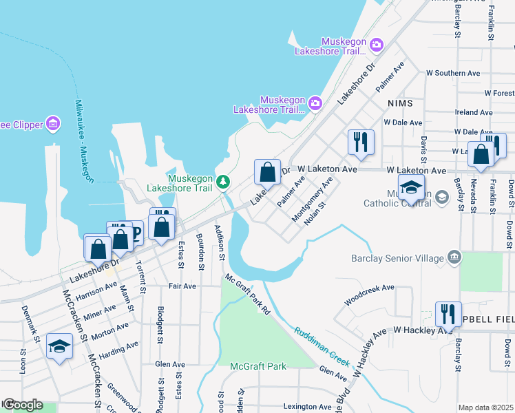 map of restaurants, bars, coffee shops, grocery stores, and more near 1618 Palmer Avenue in Muskegon