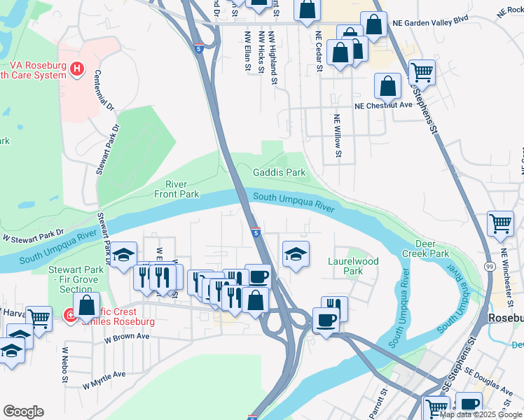 map of restaurants, bars, coffee shops, grocery stores, and more near 322 West Birch Court in Roseburg
