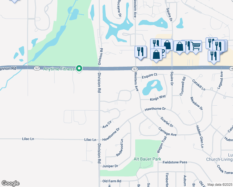 map of restaurants, bars, coffee shops, grocery stores, and more near W169N11053 Ashbury Lane in Germantown