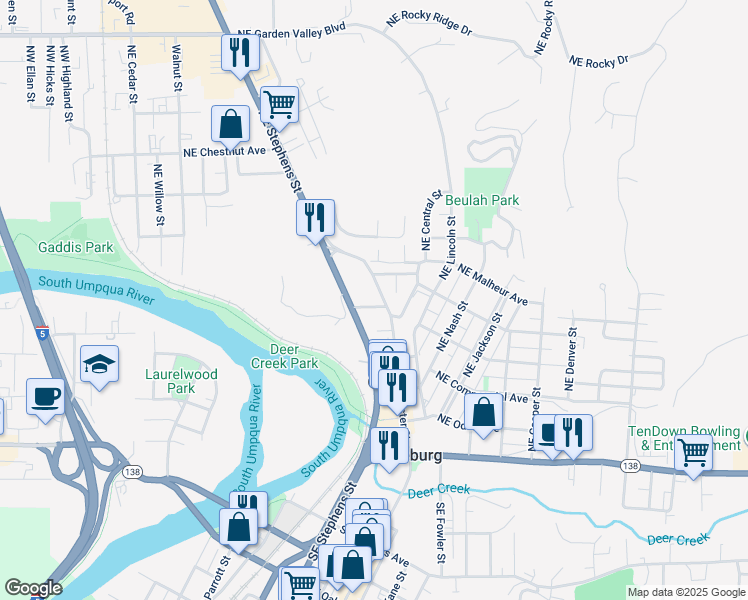 map of restaurants, bars, coffee shops, grocery stores, and more near 850 Northeast Shambrook Avenue in Roseburg