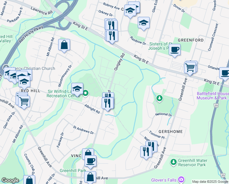 map of restaurants, bars, coffee shops, grocery stores, and more near 18 Quigley Road in Hamilton