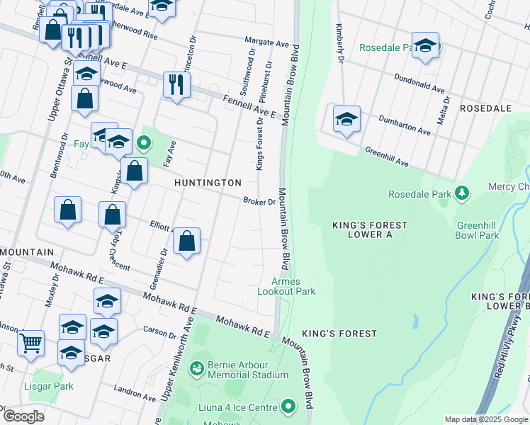 map of restaurants, bars, coffee shops, grocery stores, and more near 115 Kings Forest Drive in Hamilton