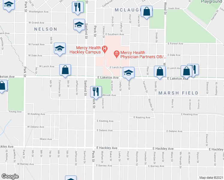 map of restaurants, bars, coffee shops, grocery stores, and more near 1868 Jiroch Street in Muskegon