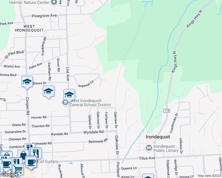 map of restaurants, bars, coffee shops, grocery stores, and more near 2651 Oakview Drive in Irondequoit