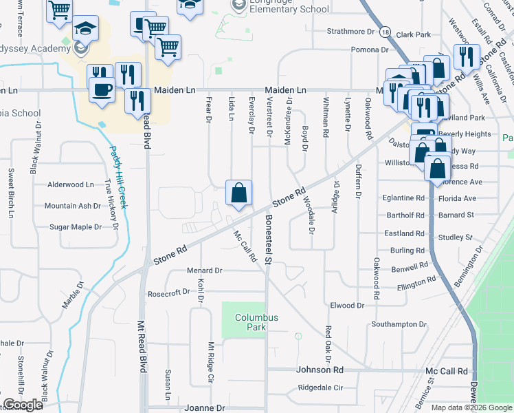 map of restaurants, bars, coffee shops, grocery stores, and more near 1007 Stone Road in Rochester