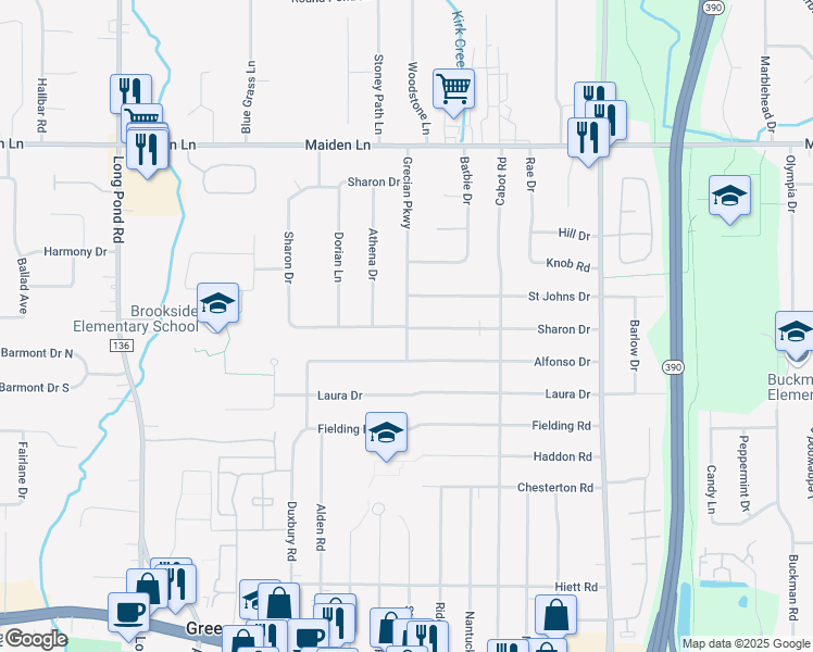 map of restaurants, bars, coffee shops, grocery stores, and more near 253 Sharon Drive in Rochester