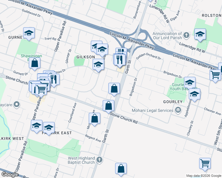 map of restaurants, bars, coffee shops, grocery stores, and more near 30 Graystone Drive in Hamilton