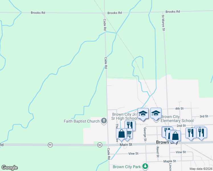 map of restaurants, bars, coffee shops, grocery stores, and more near Springlike Drive in Brown City