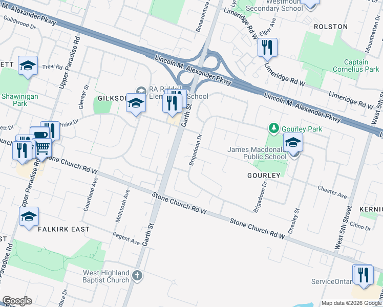 map of restaurants, bars, coffee shops, grocery stores, and more near 27 Glenview Court in Hamilton