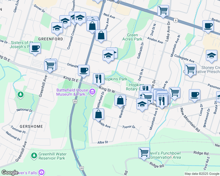 map of restaurants, bars, coffee shops, grocery stores, and more near 63 King Street West in Hamilton