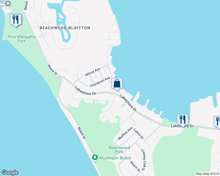 map of restaurants, bars, coffee shops, grocery stores, and more near 3235 Lakeshore Drive in Muskegon