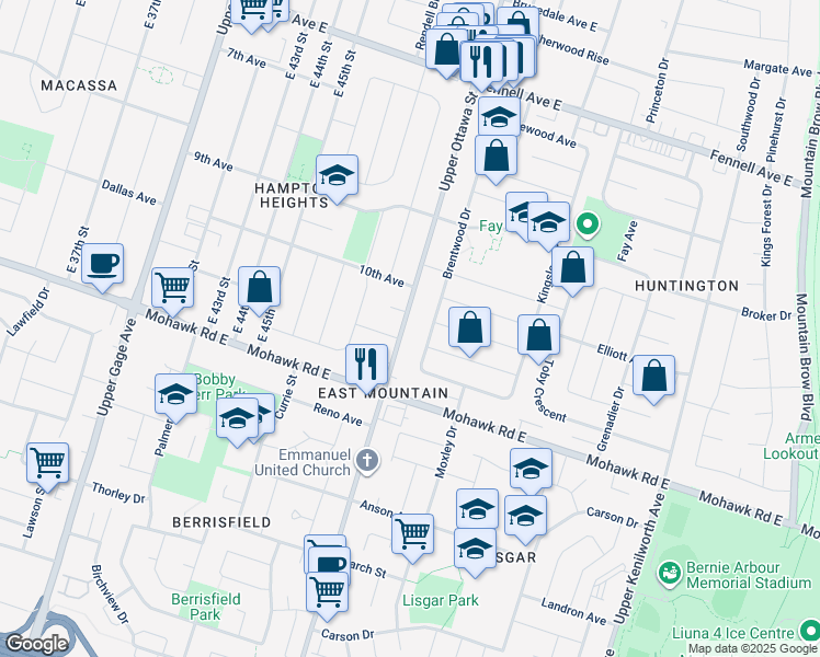 map of restaurants, bars, coffee shops, grocery stores, and more near 761 Upper Ottawa Street in Hamilton