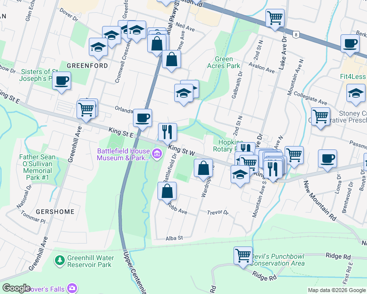 map of restaurants, bars, coffee shops, grocery stores, and more near 60 King Street West in Hamilton