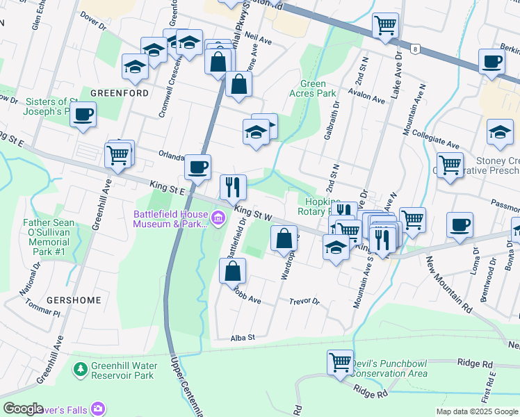 map of restaurants, bars, coffee shops, grocery stores, and more near 58 King Street West in Hamilton