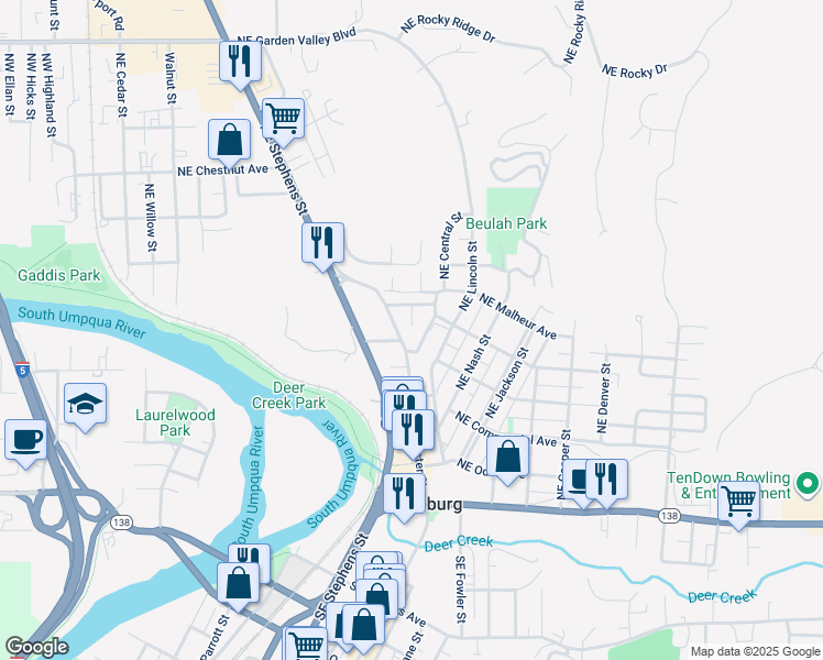 map of restaurants, bars, coffee shops, grocery stores, and more near 587 Northeast Winchester Street in Roseburg