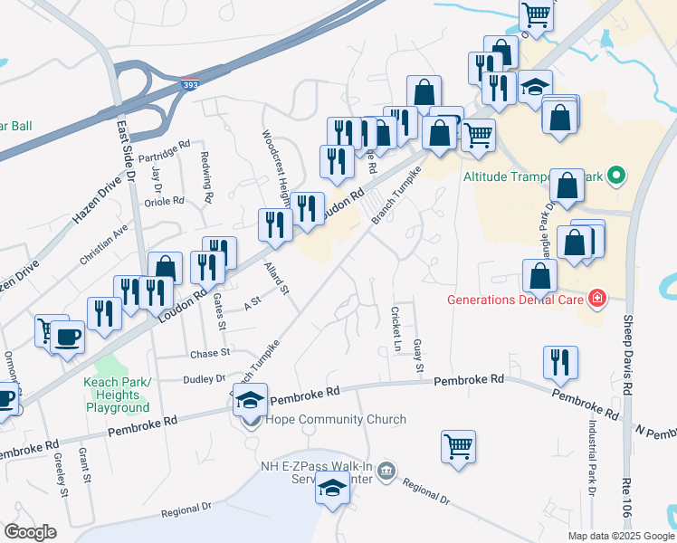 map of restaurants, bars, coffee shops, grocery stores, and more near 50 Branch Turnpike in Concord