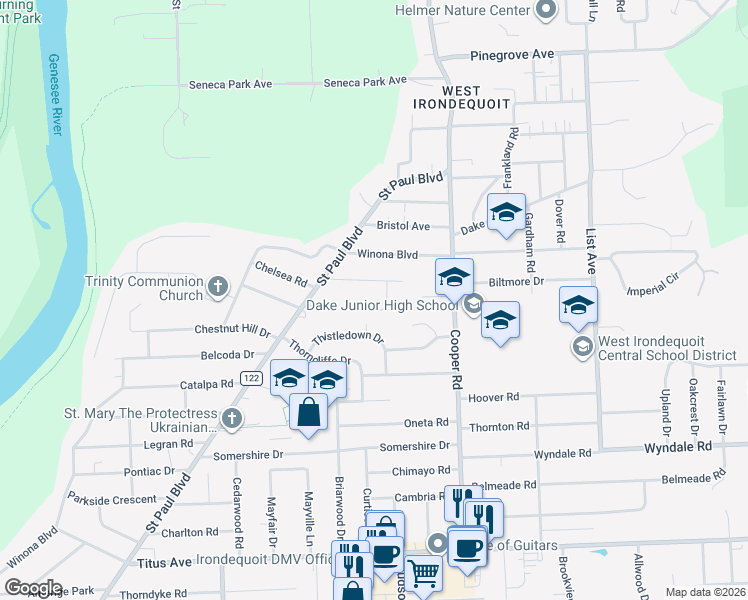map of restaurants, bars, coffee shops, grocery stores, and more near 7 Brentfield Circle in Rochester