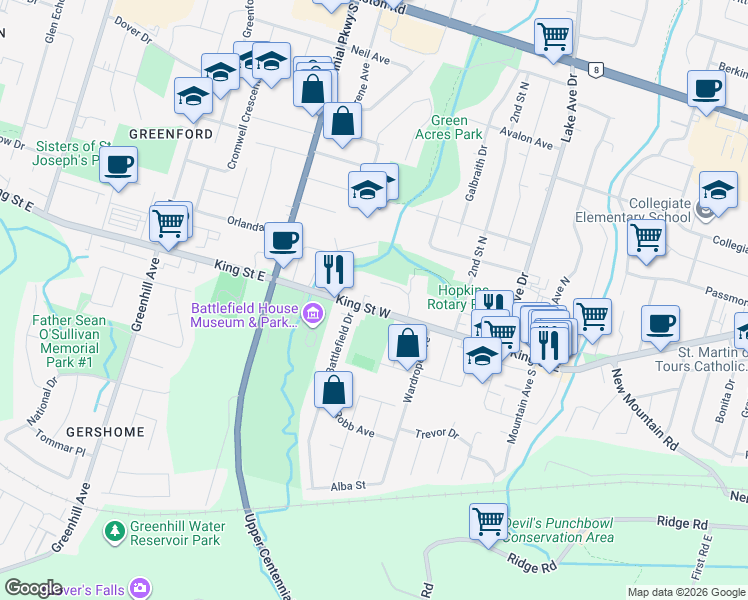 map of restaurants, bars, coffee shops, grocery stores, and more near 63 King Street West in Hamilton