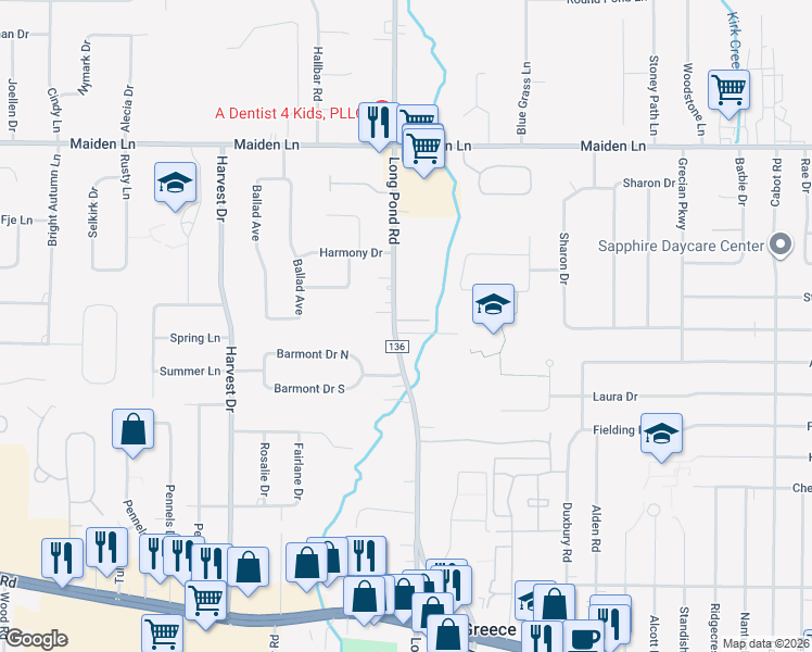 map of restaurants, bars, coffee shops, grocery stores, and more near 1143 Long Pond Road in Rochester