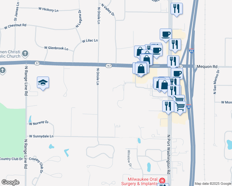 map of restaurants, bars, coffee shops, grocery stores, and more near 10995 North Market Street in Mequon