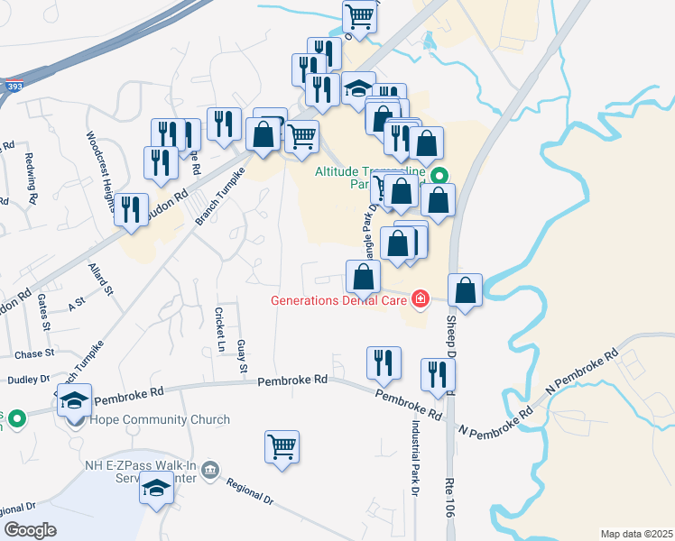 map of restaurants, bars, coffee shops, grocery stores, and more near 9C Triangle Park Drive in Concord